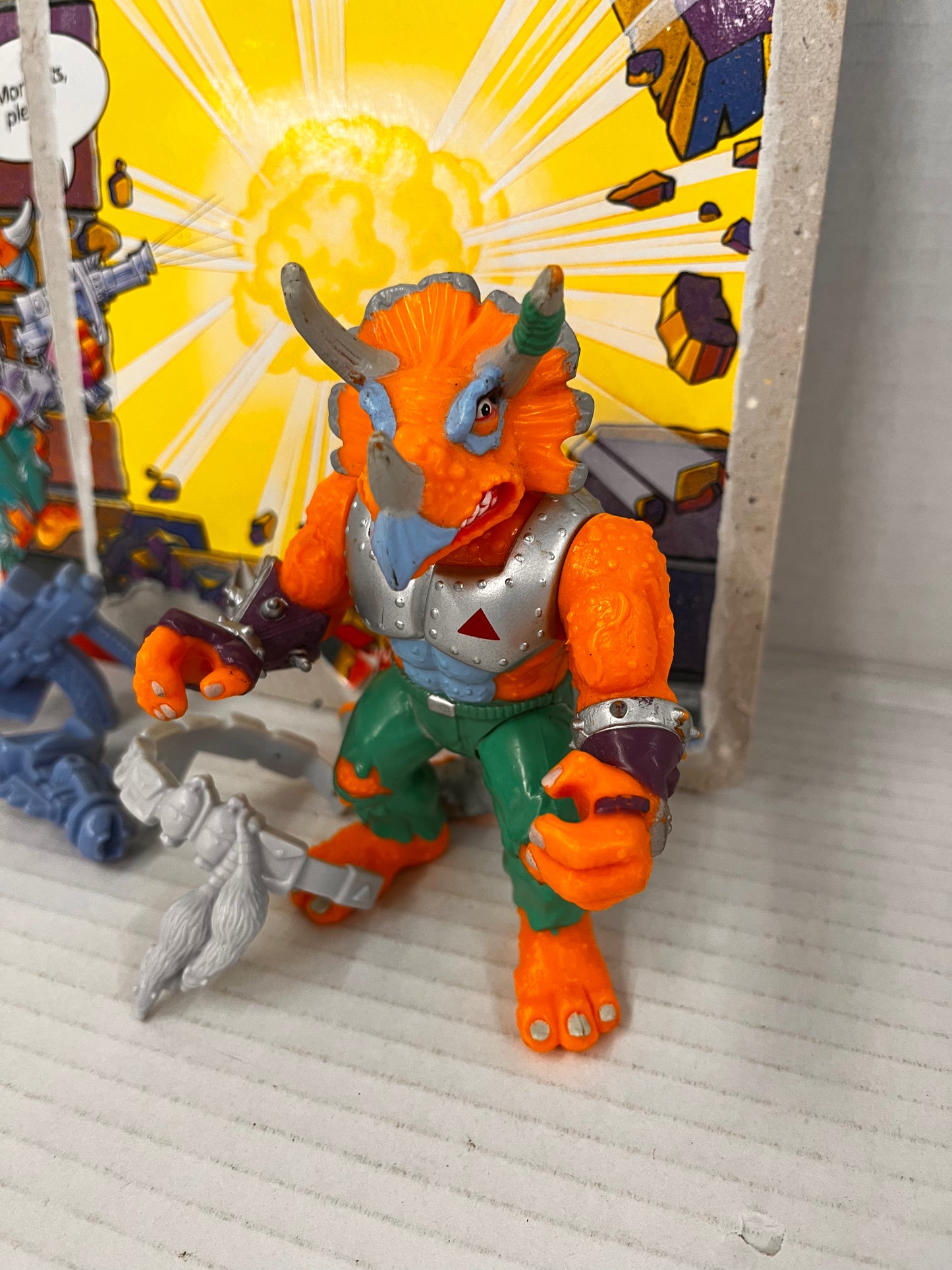 TMNT Triceraton Figure Complete 1990 Teenage Mutant Ninja Turtles Loose W Card GLUED TAIL