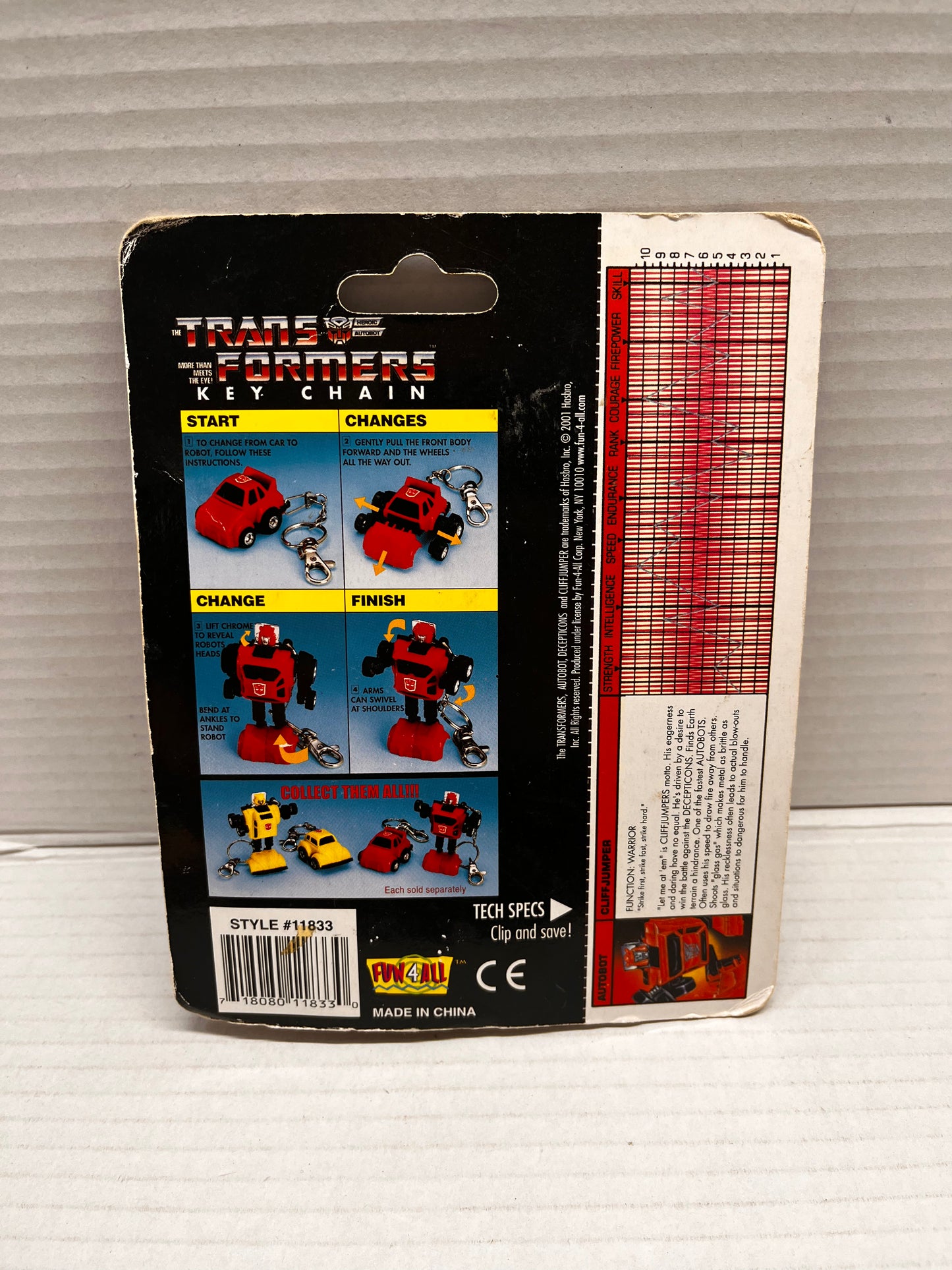 2001 Transformers Autobot Cliffjumper Key Chain With Clip & Save Tech Specs, New