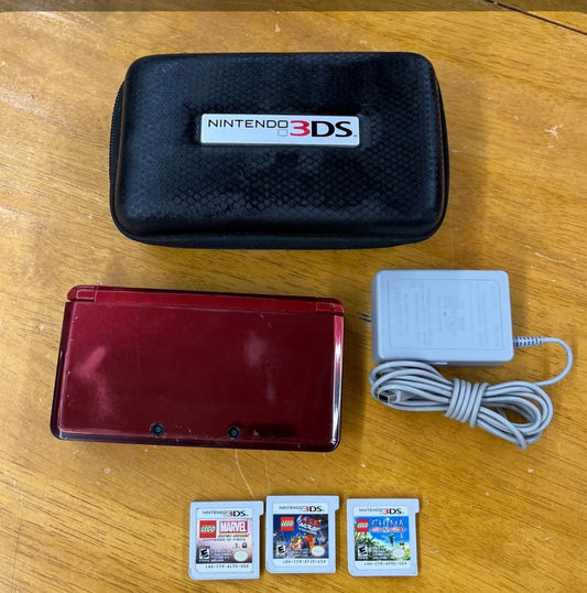 Nintendo 3DS rHandheld Console Red Charger, Card, 3 Games! NO STYLUS.