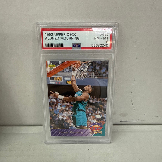 1992 UPPER DECK ALONZO MOURNING #457 ROOKIE RC CHARLOTTE HORNETS HOF PSA 8
