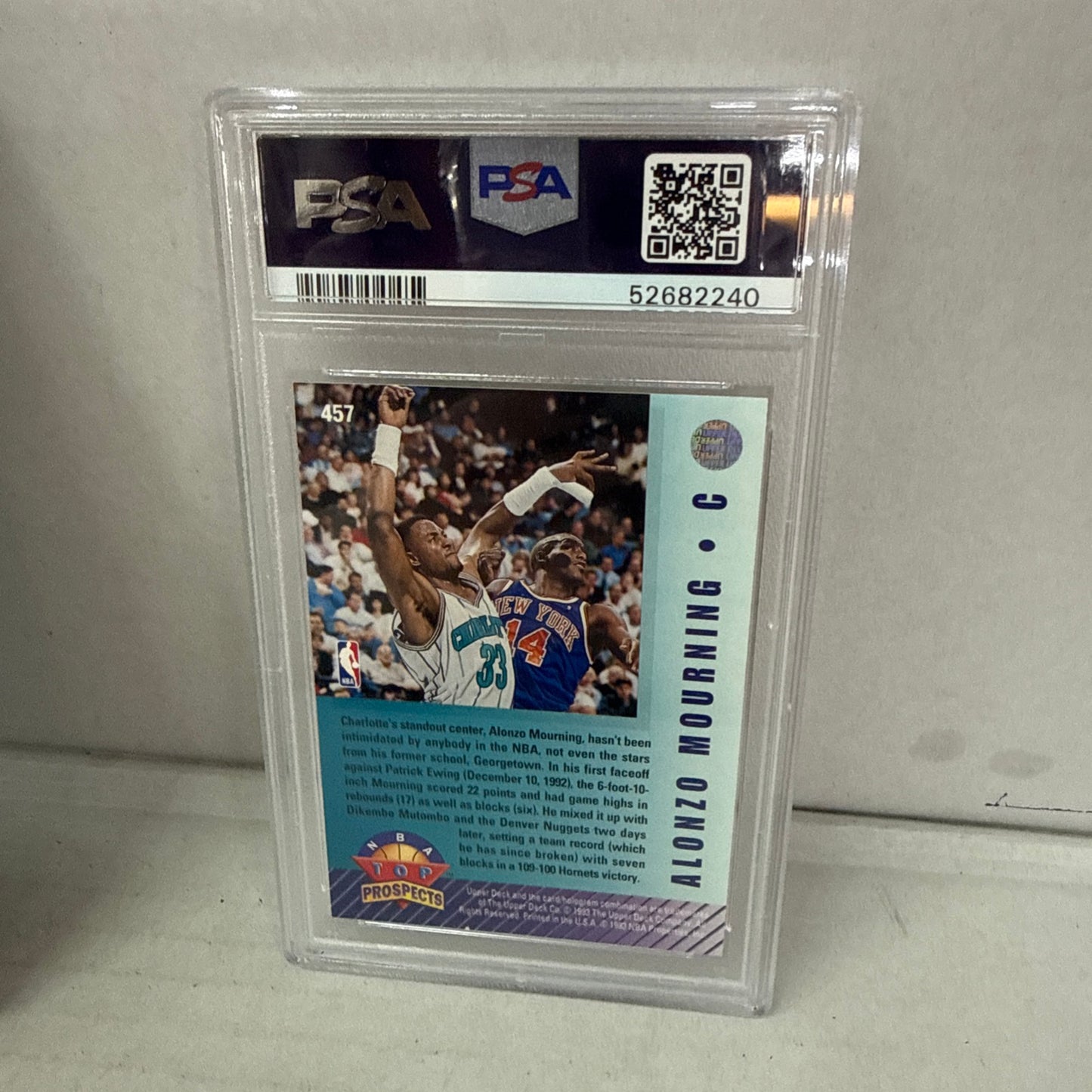 1992 UPPER DECK ALONZO MOURNING #457 ROOKIE RC CHARLOTTE HORNETS HOF PSA 8