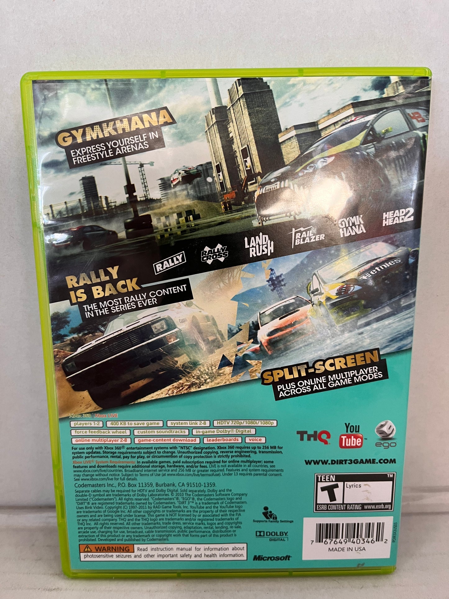 DiRT 3 (Microsoft Xbox 360, 2011) Complete Disc And Manual CIB