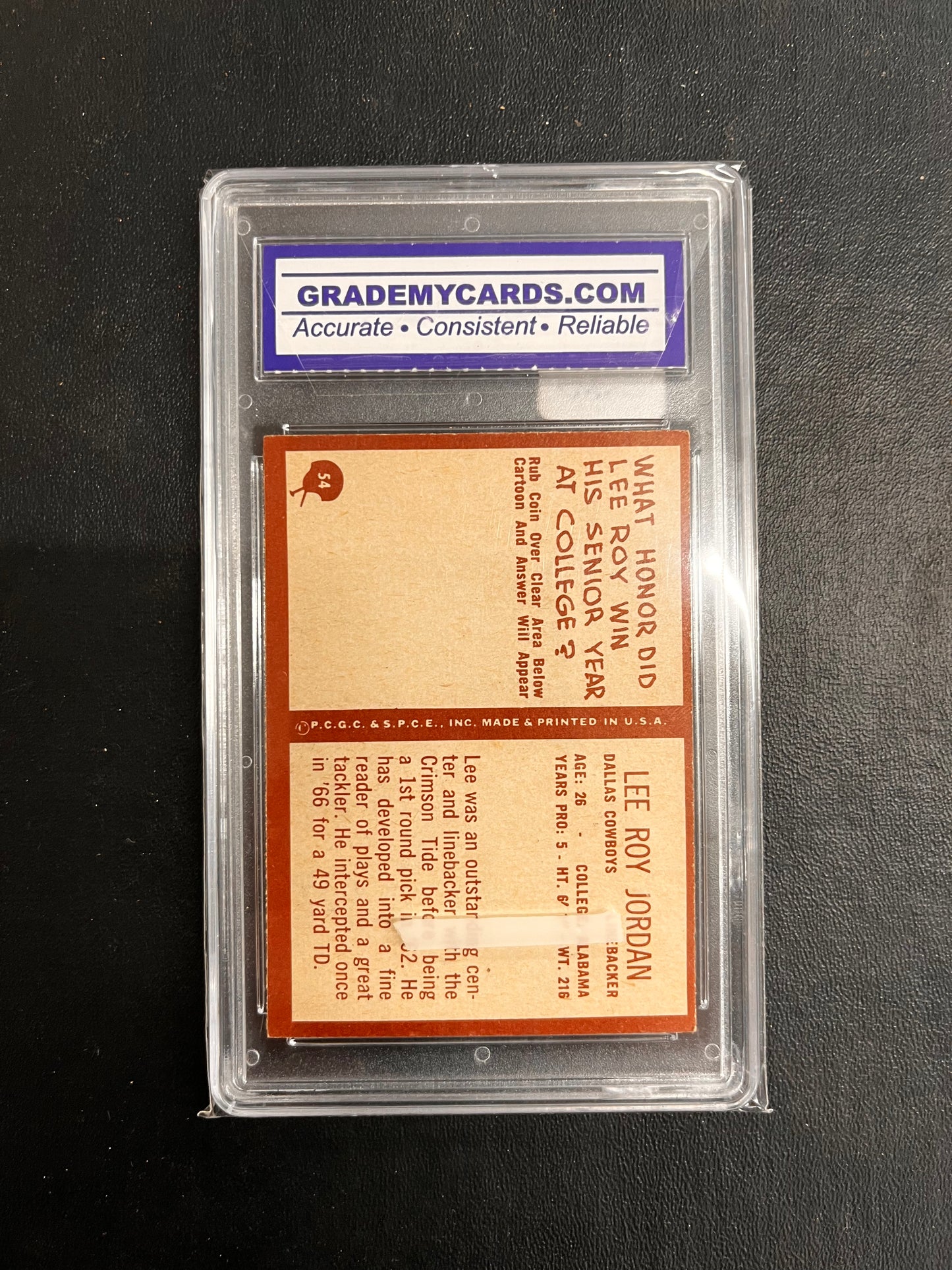 1967 Philadelphia Football #54 Lee Roy Jordan Dallas Cowboys RC Rookie PSA 7 NM