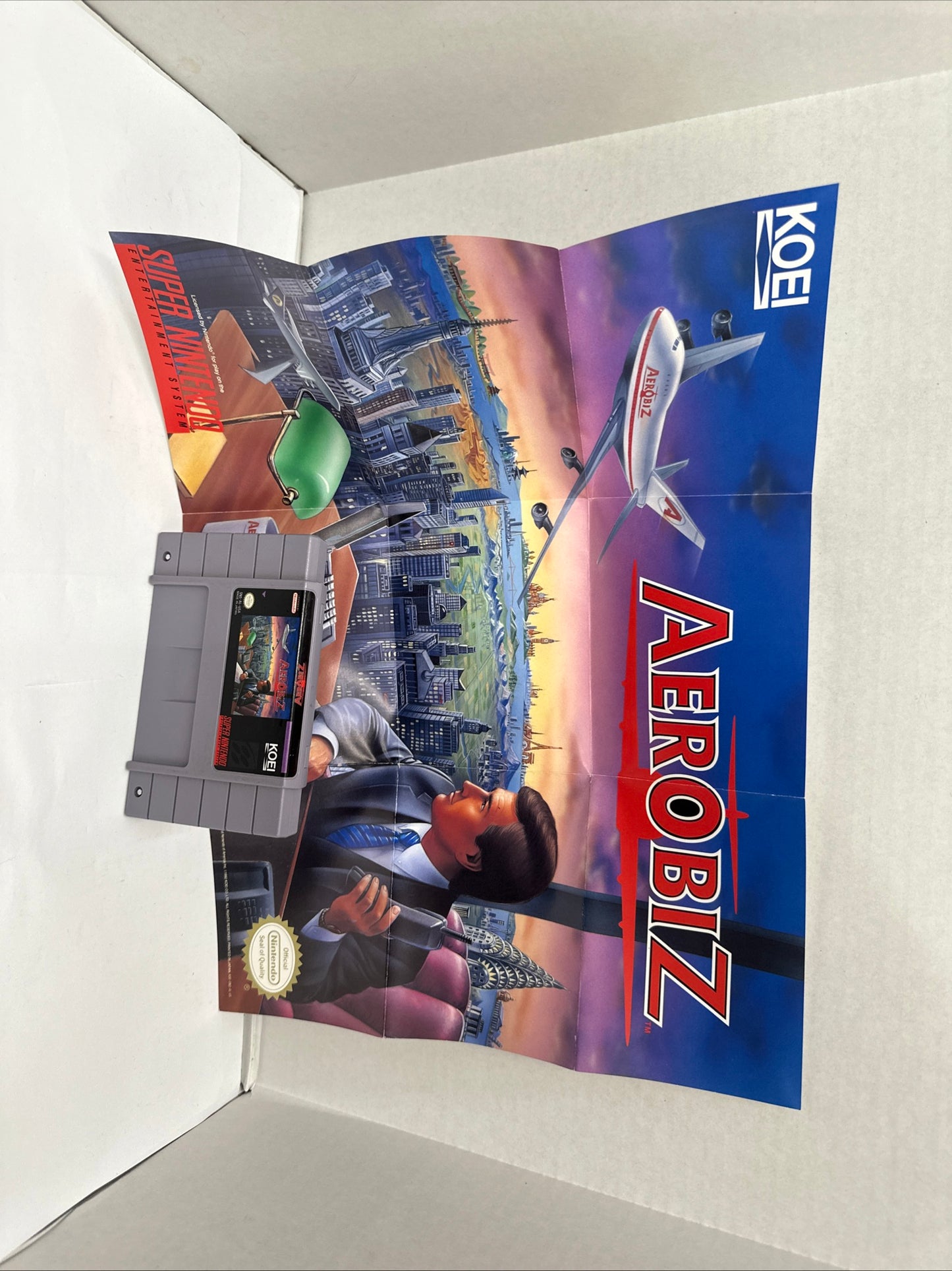 Aerobiz Super Nintendo SNES Cartridge and Poster Tested Working