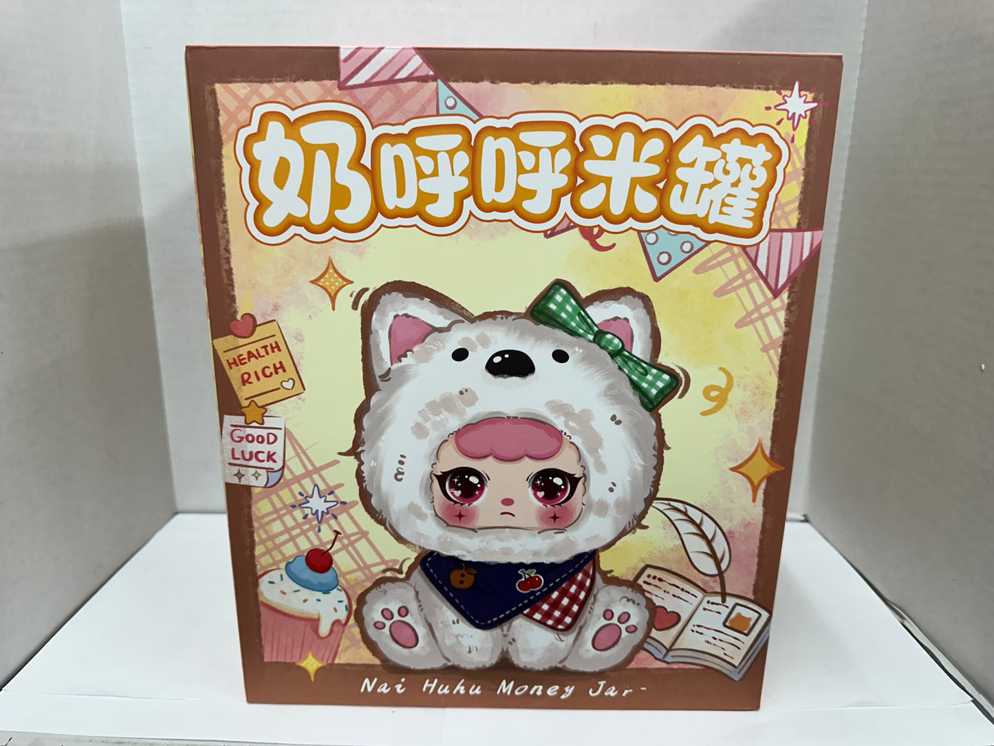 Nai Huhu Money Jar Plush Stuffed Cat Character Toy Small White Pink Green