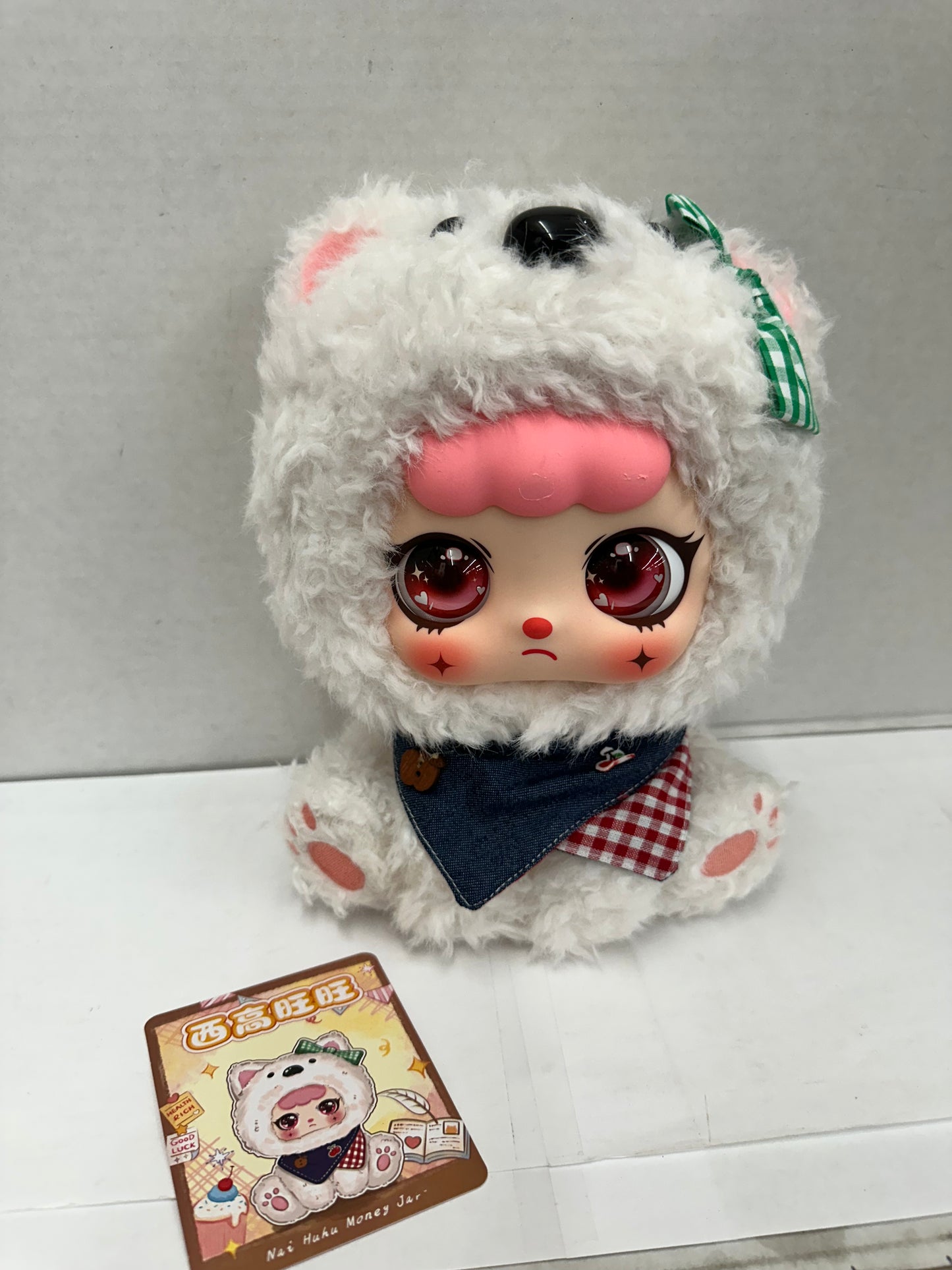 Nai Huhu Money Jar Plush Stuffed Cat Character Toy Small White Pink Green