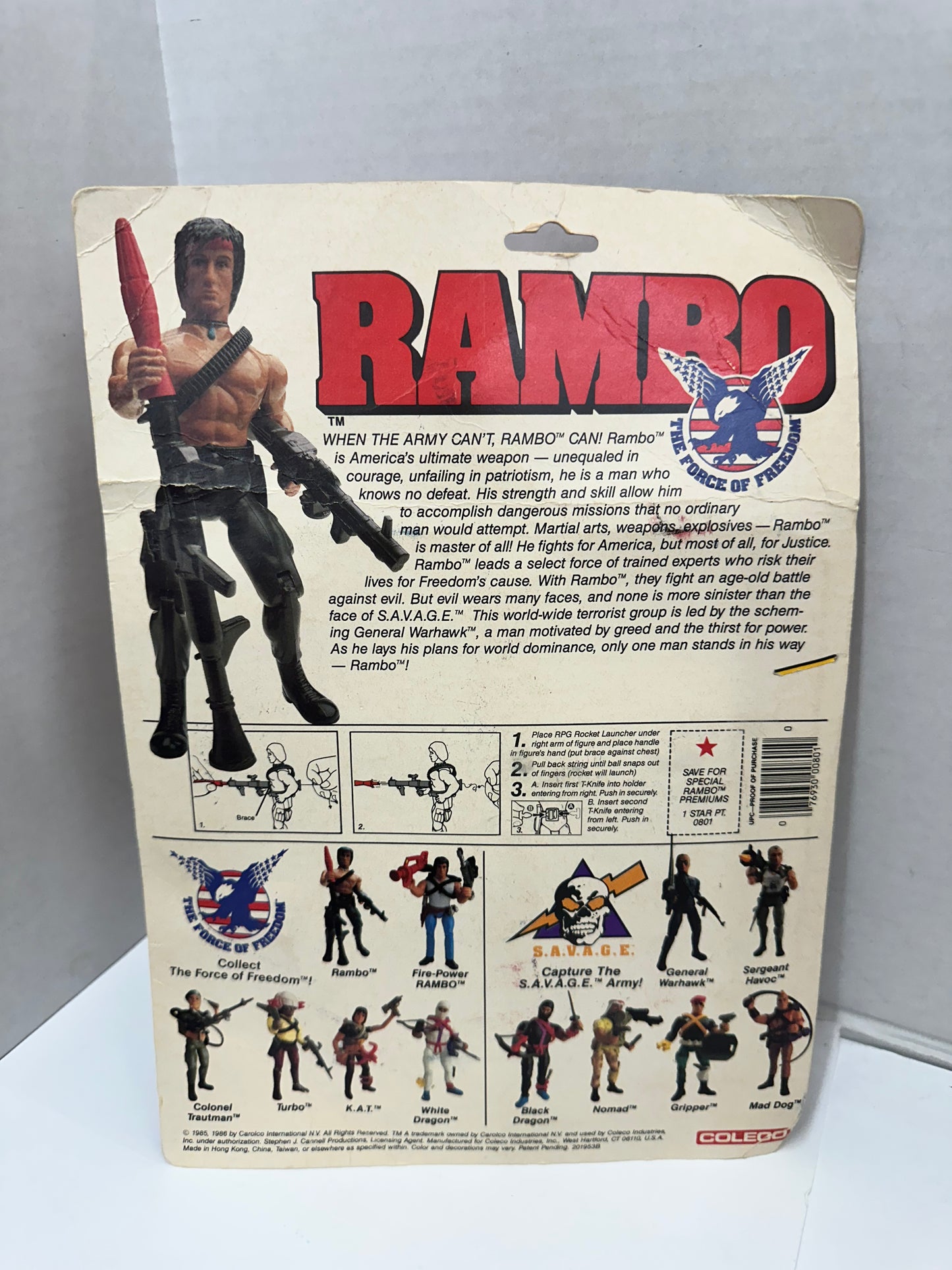 1985 Coleco Rambo The Force of Freedom Rambo Figure New Sealed Card Damage