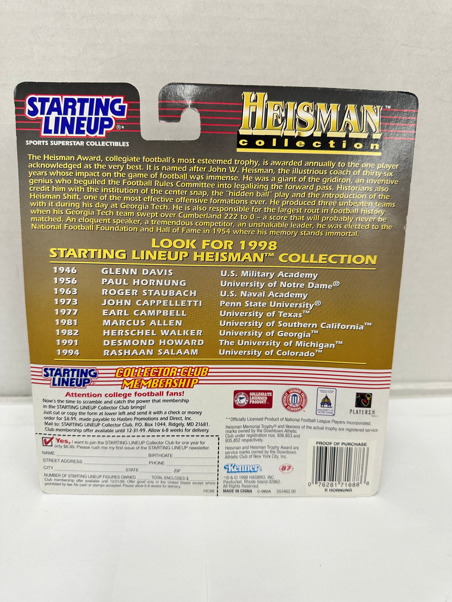 1998 Starting Lineup NCAA Heisman Collection Paul Hornung Notre Dame Figure