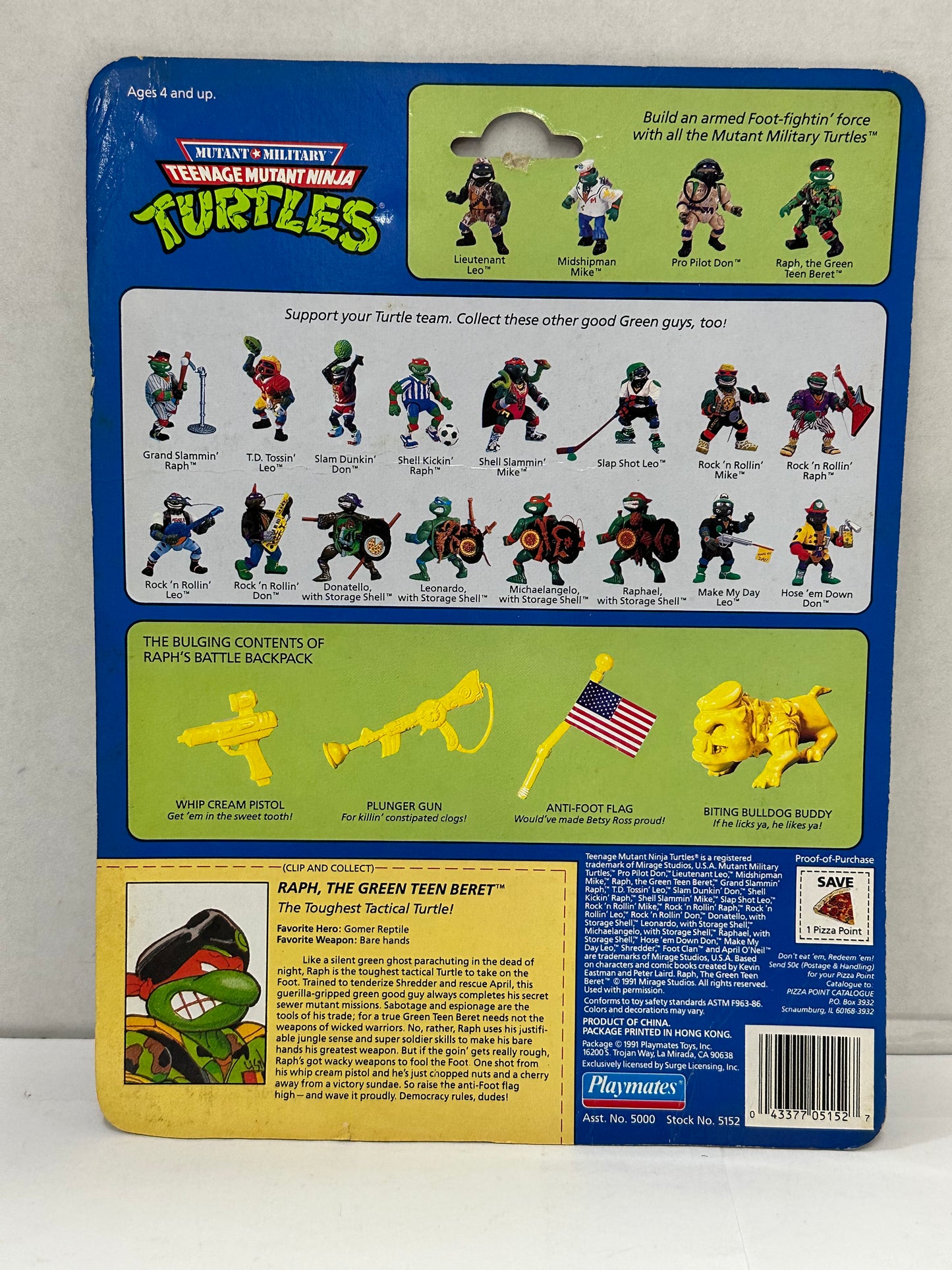 Vintage Teenage Mutant Ninja Turtles Green Beret Raph 1991 Playmates W Cardback