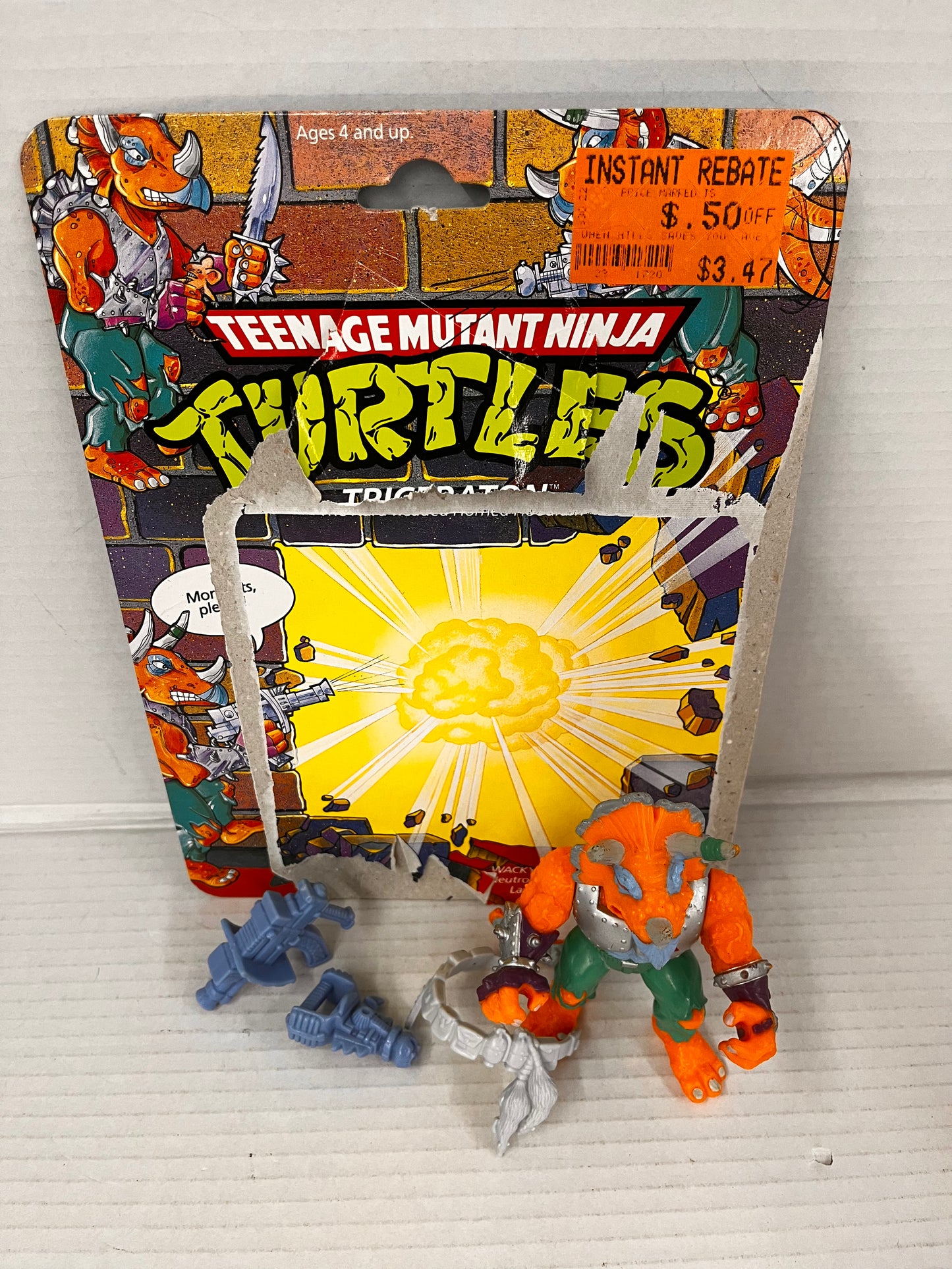 TMNT Triceraton Figure Complete 1990 Teenage Mutant Ninja Turtles Loose W Card GLUED TAIL