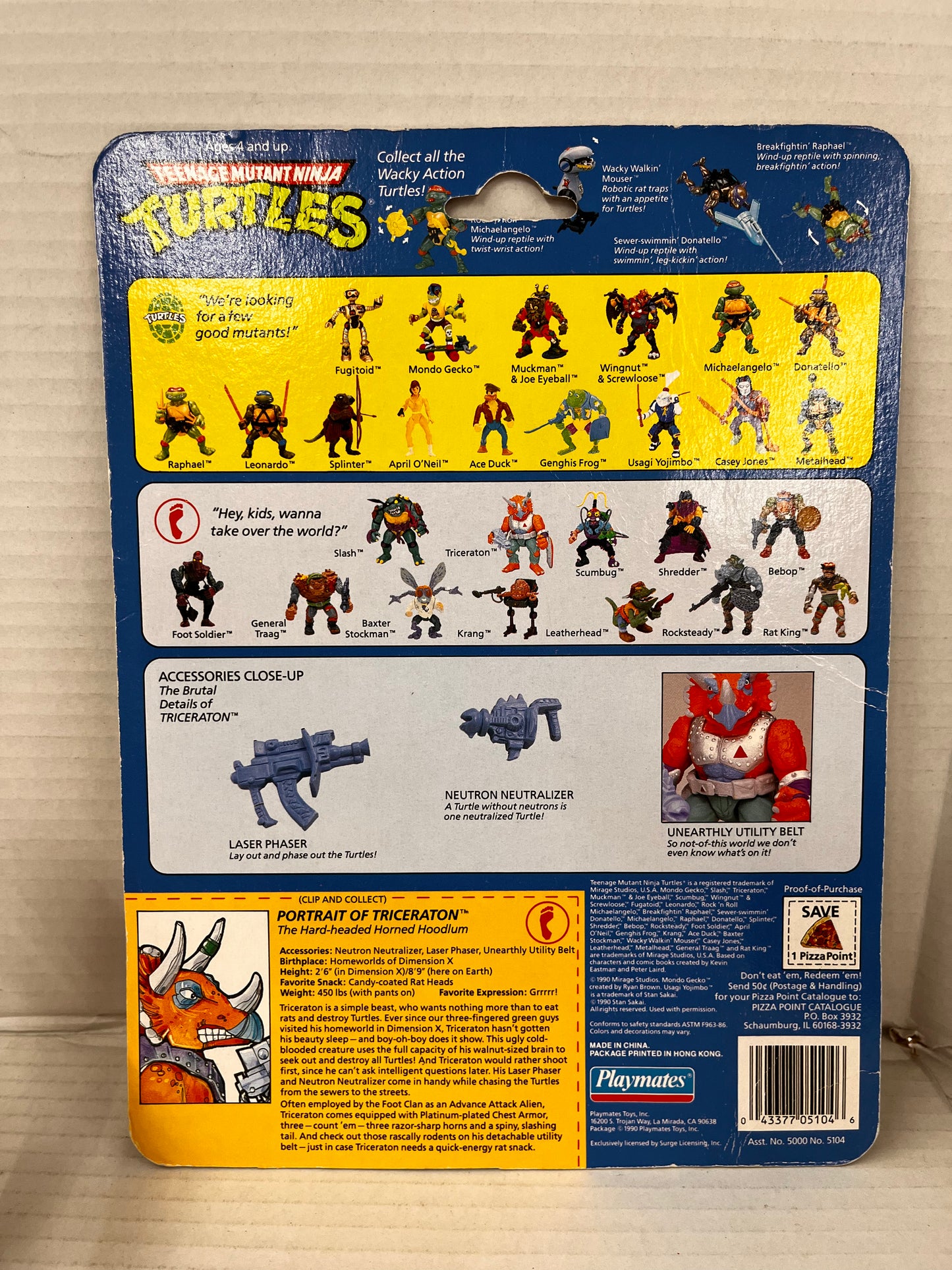 TMNT Triceraton Figure Complete 1990 Teenage Mutant Ninja Turtles Loose W Card GLUED TAIL