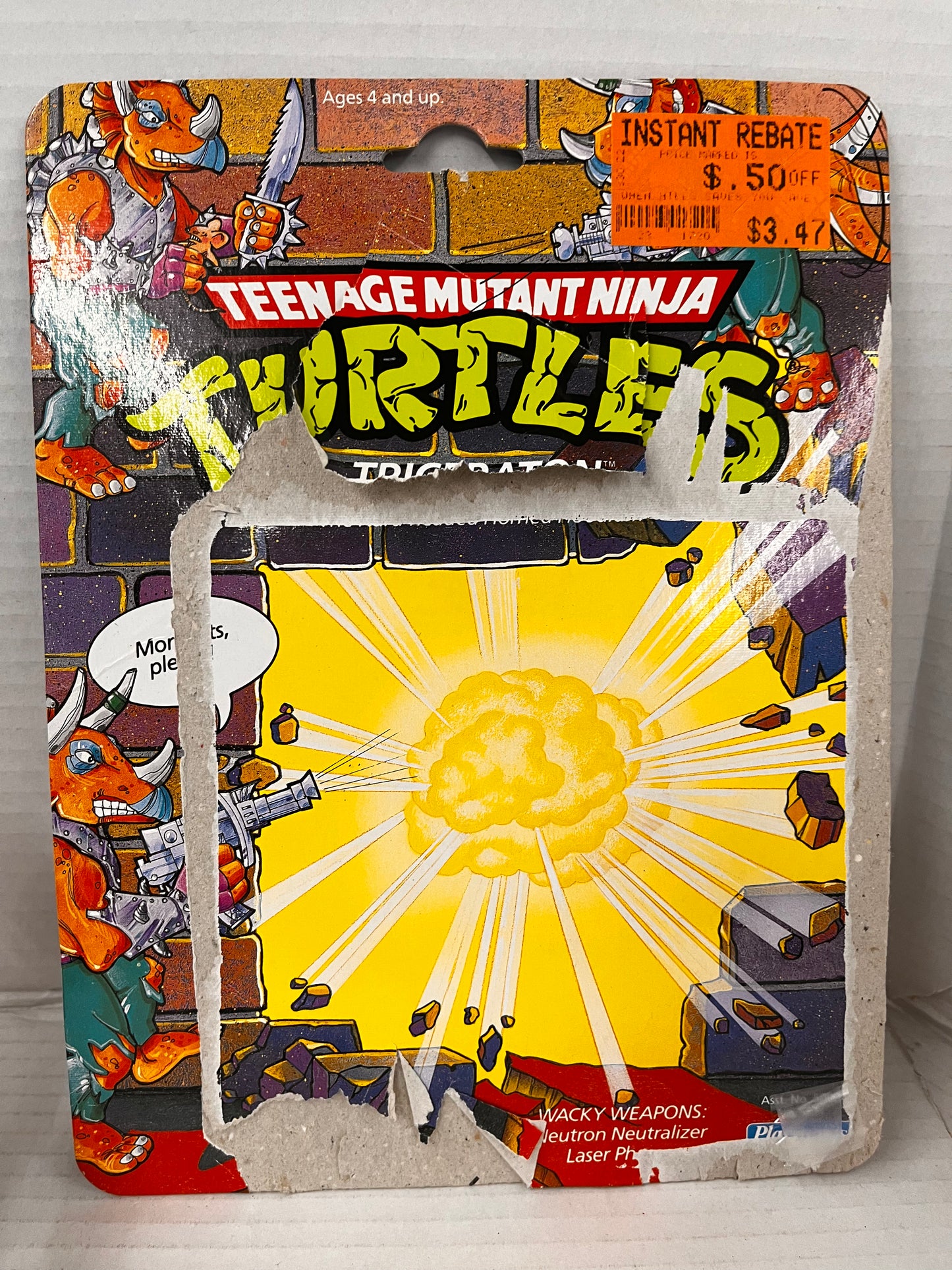 TMNT Triceraton Figure Complete 1990 Teenage Mutant Ninja Turtles Loose W Card GLUED TAIL