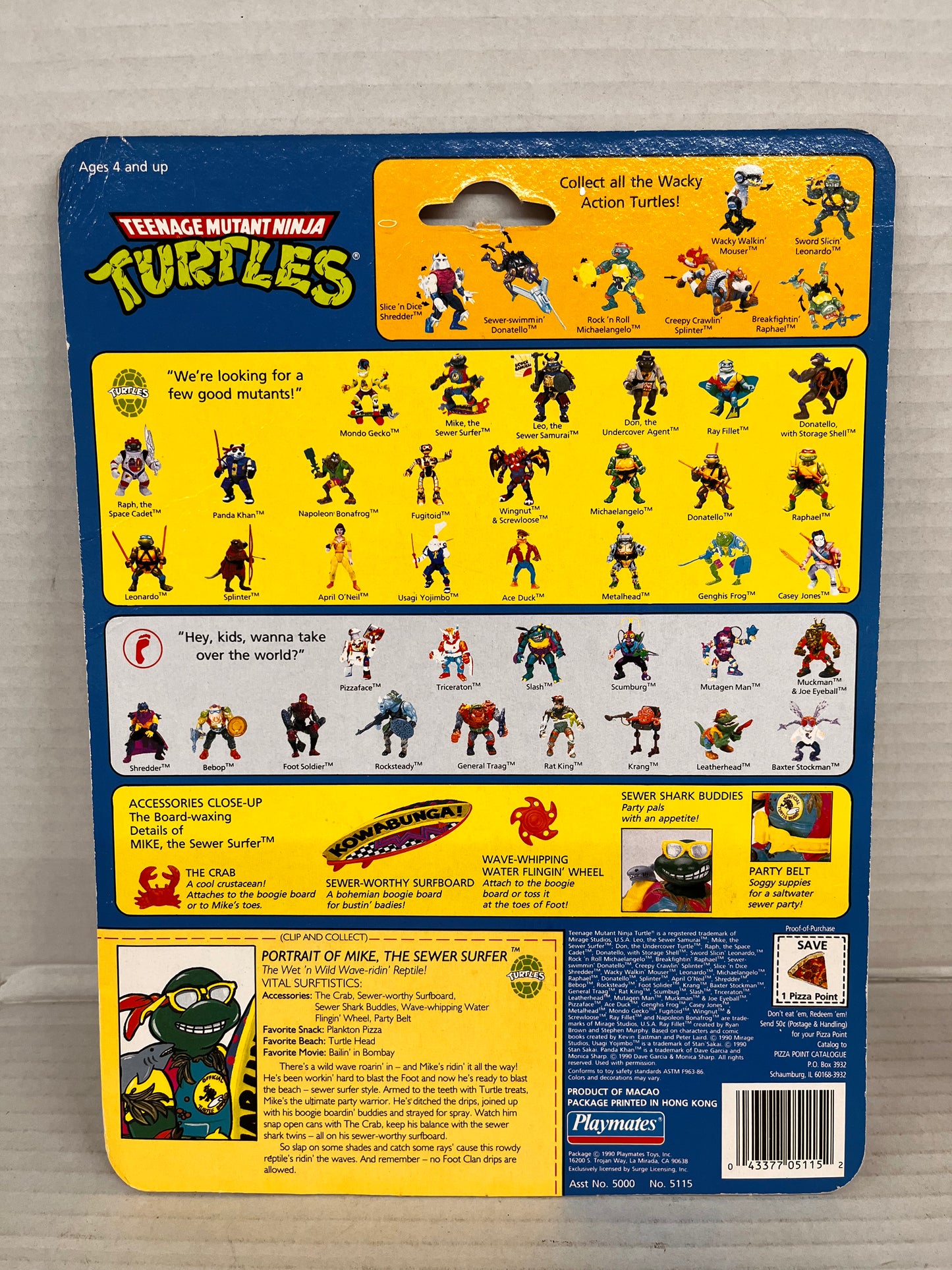 Vintage 1990 TMNT Mike the Sewer Surfer 4" Complete Loose W File