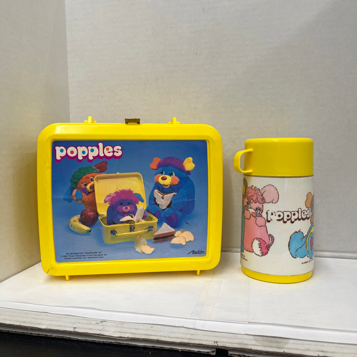 Vintage 1986 Aladdin Lunchbox Thermos Set Popples Yellow Plastic